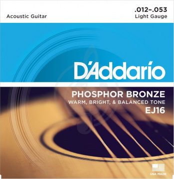 Изображение D`Addario EJ16 PHOSPHOR BRONZE - Струны для акустической гитары  фосфорная бронза Light 12-53
